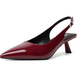 Mostrin Kitten Heel Burgundy Faux Leather Low Slingback Heels with Buckle